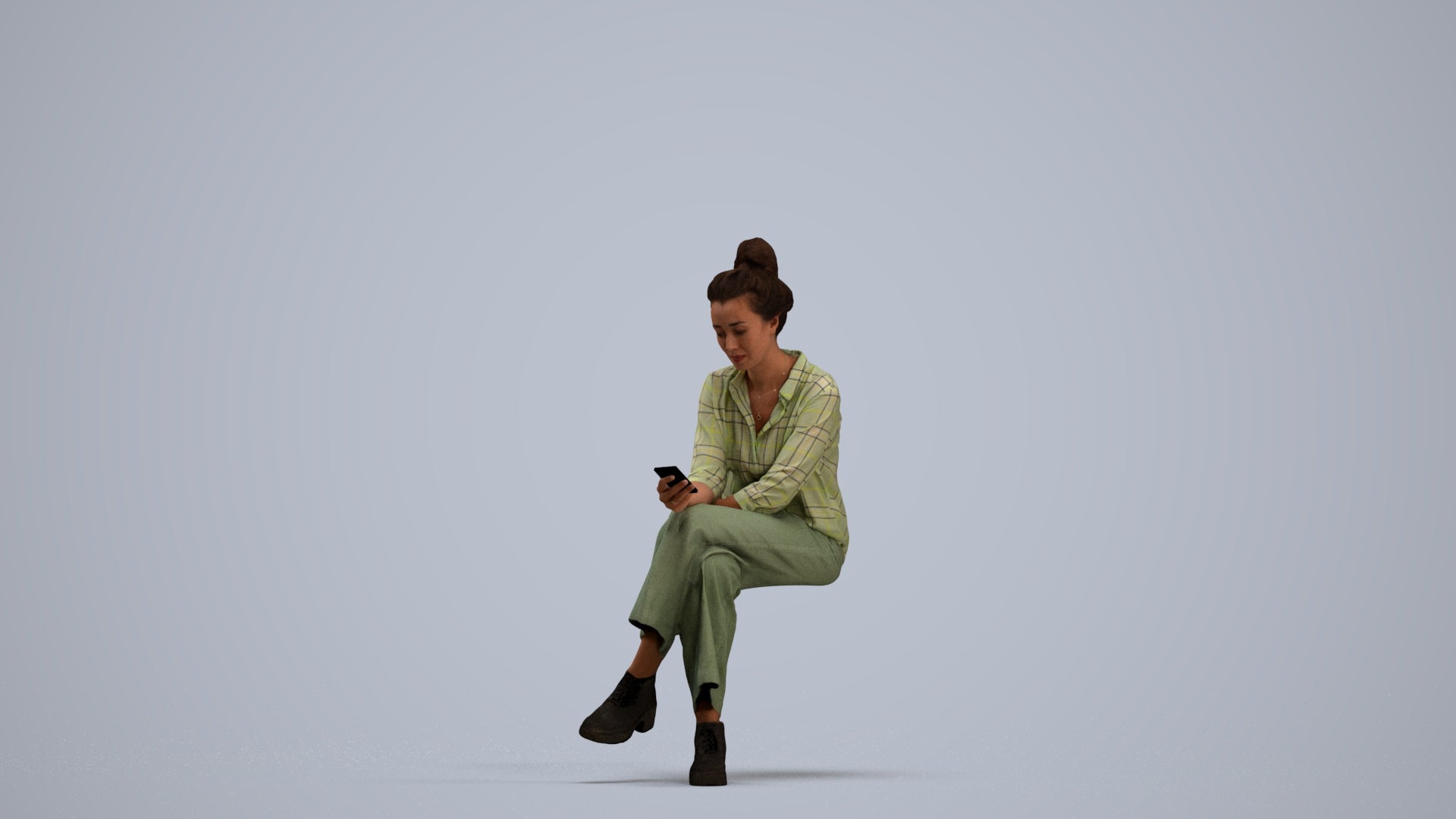 photogrammetry 3D woman casual sitting, realistic human model archviz FBX, standing pose render
