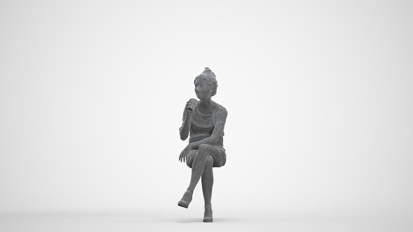 scanned 3D woman casual sitting, photogrammetry people for Enscape and V-Ray, three-quarter front view render