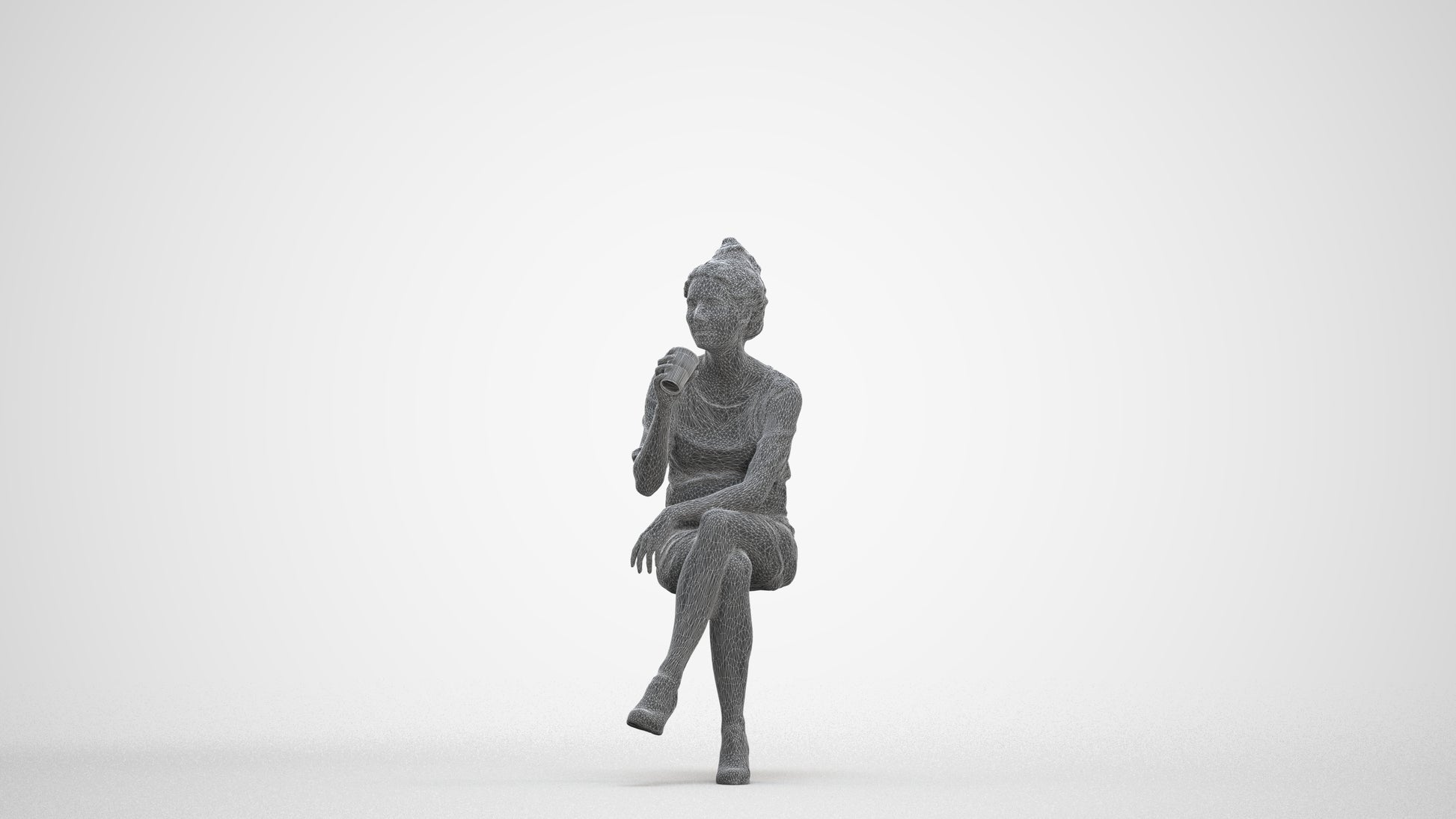 scanned 3D woman casual sitting, photogrammetry people for Enscape and V-Ray, three-quarter front view render