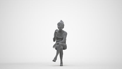 scanned 3D woman casual sitting, photogrammetry people for Enscape and V-Ray, three-quarter front view render