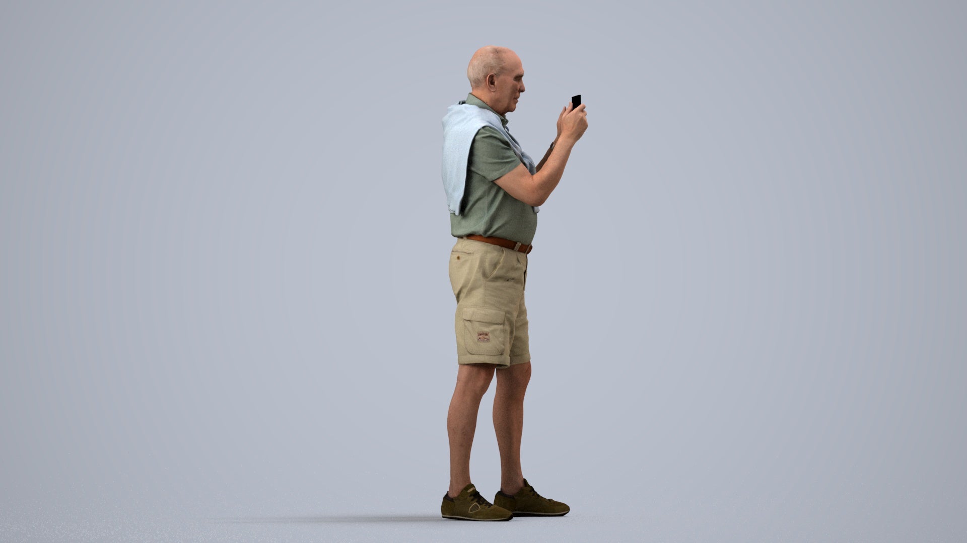 realistic 3D senior man casual standing, scanned archviz people for Blender and 3ds Max, side view render