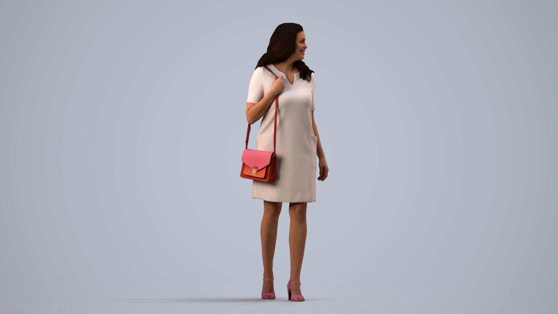 realistic 3D human woman casual walking, archviz people FBX OBJ for Blender, side view render