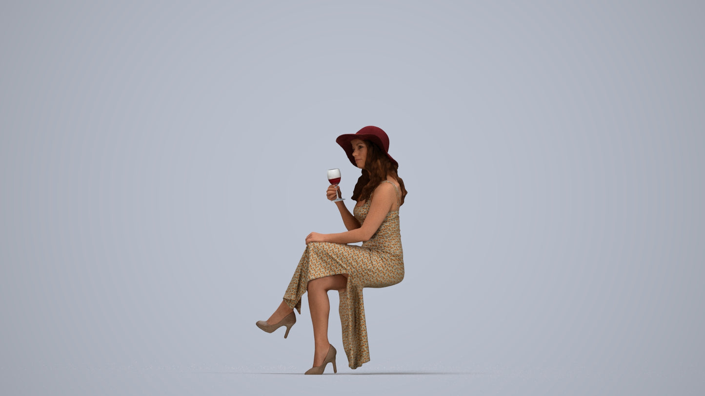 3D human model woman casual sitting, photogrammetry scanned person for archviz, top-down view render