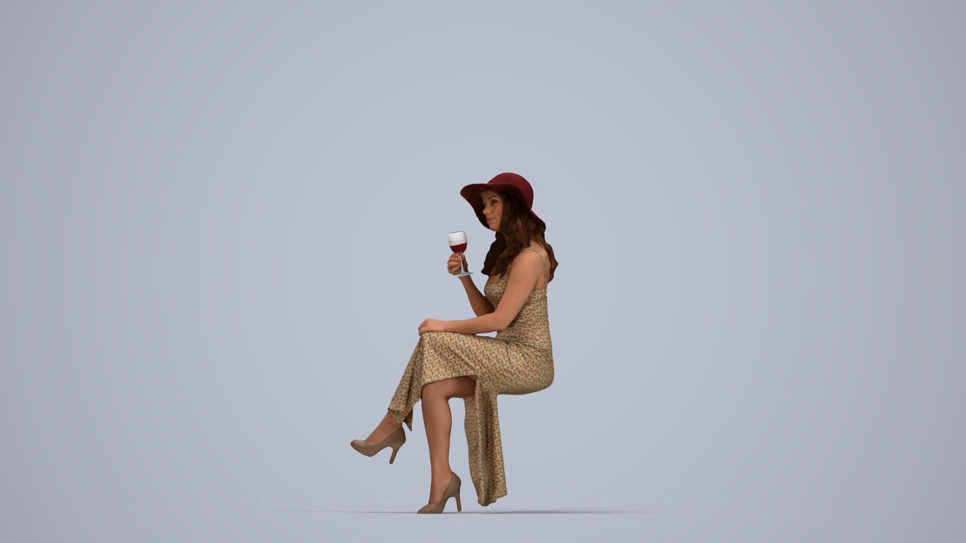 3D human model woman casual sitting, photogrammetry scanned person for archviz, top-down view render