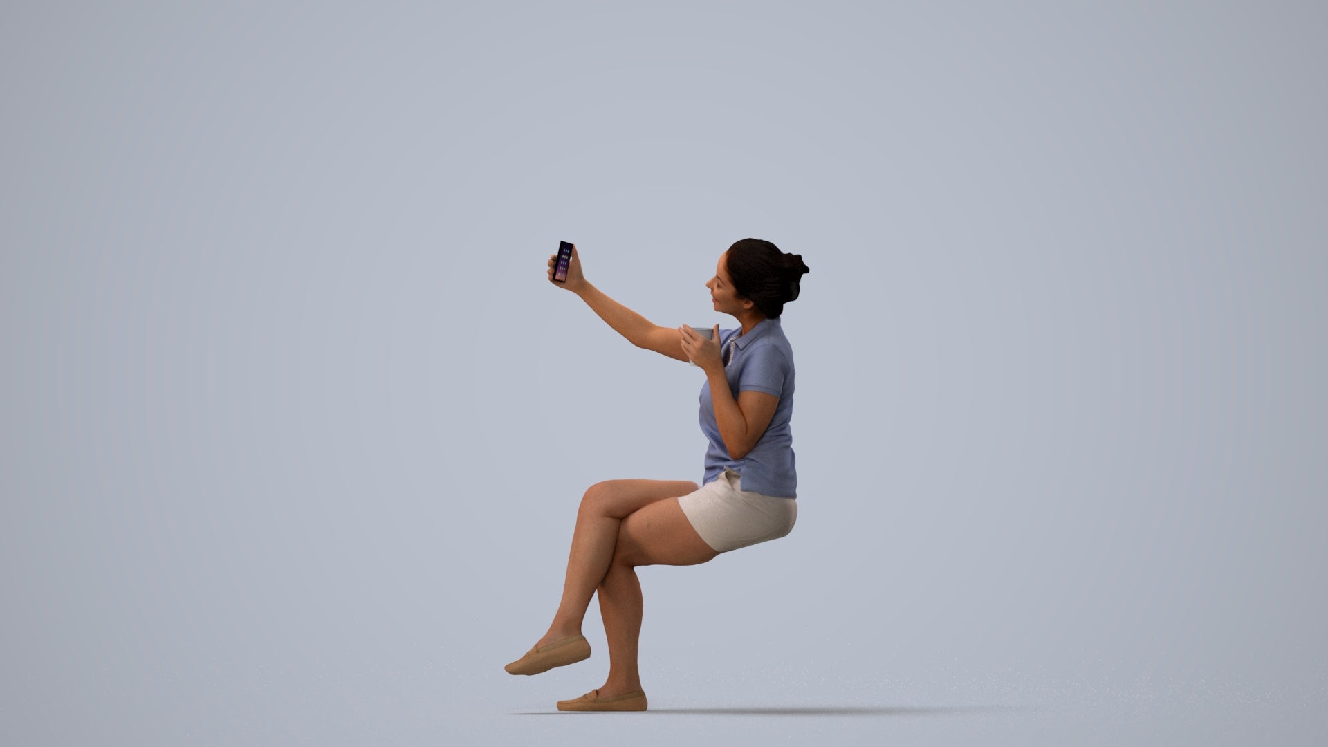 realistic 3D human woman casual sitting, archviz people FBX OBJ for Blender, three-quarter view render