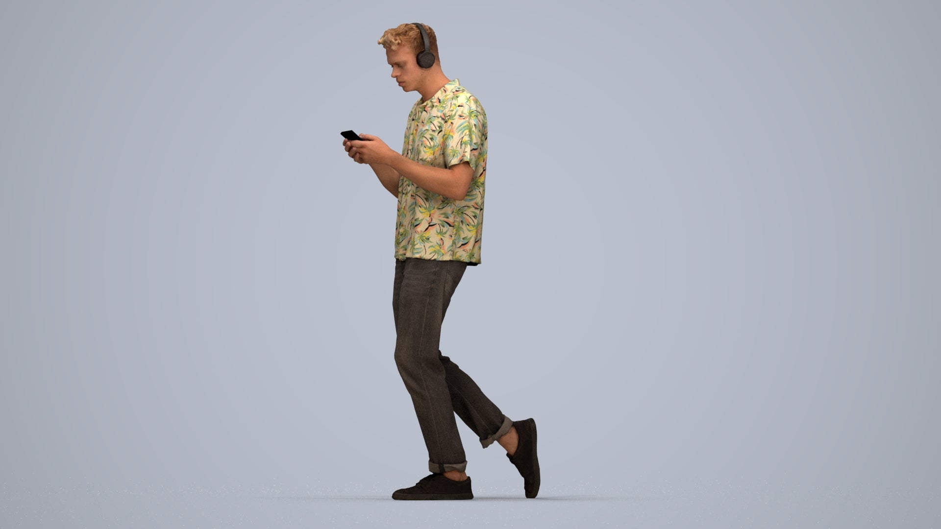 photogrammetry 3D man casual walking, realistic human model archviz FBX, top-down view render