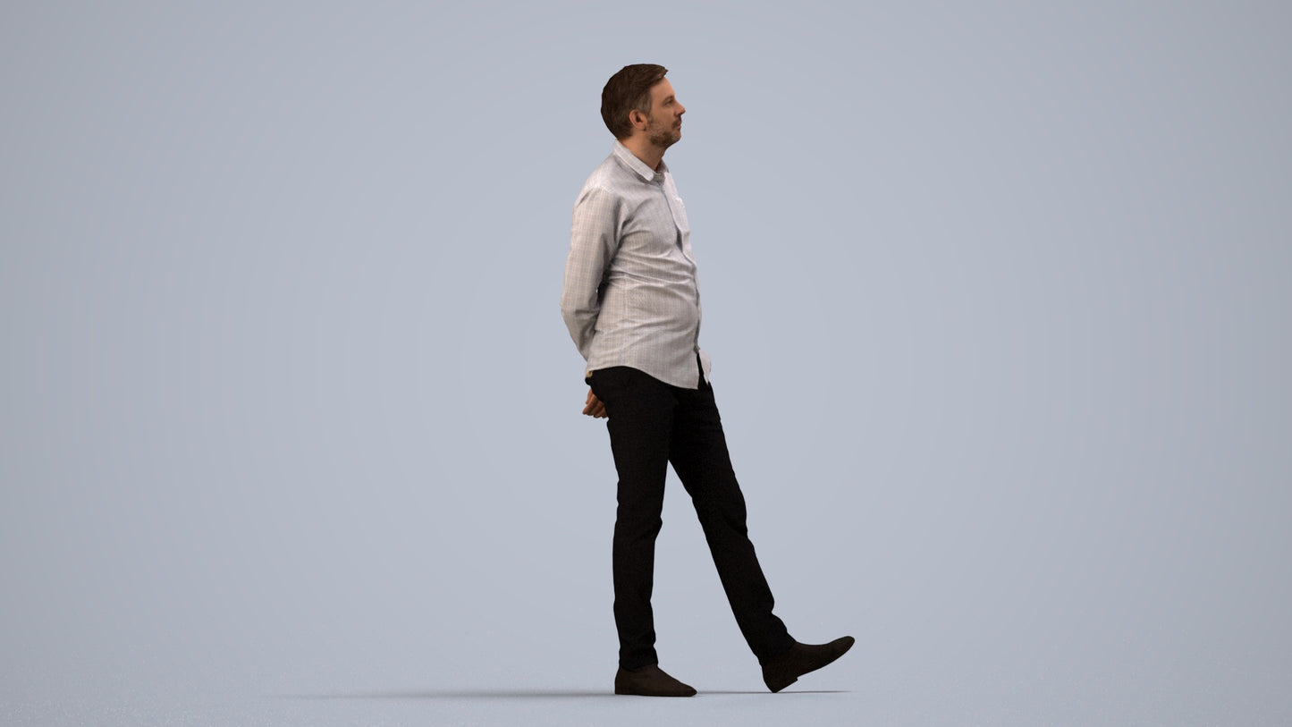 photogrammetry 3D man business standing, realistic human model archviz FBX, side view render