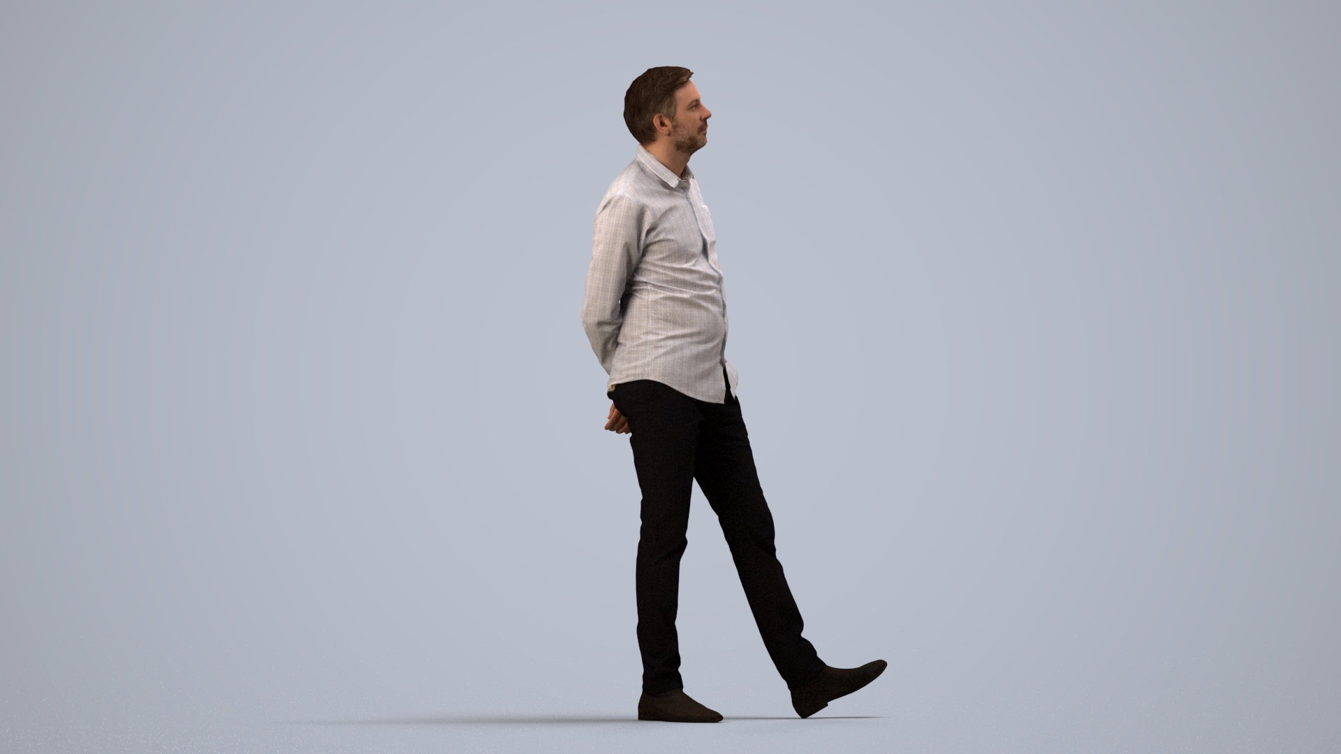 photogrammetry 3D man business standing, realistic human model archviz FBX, side view render