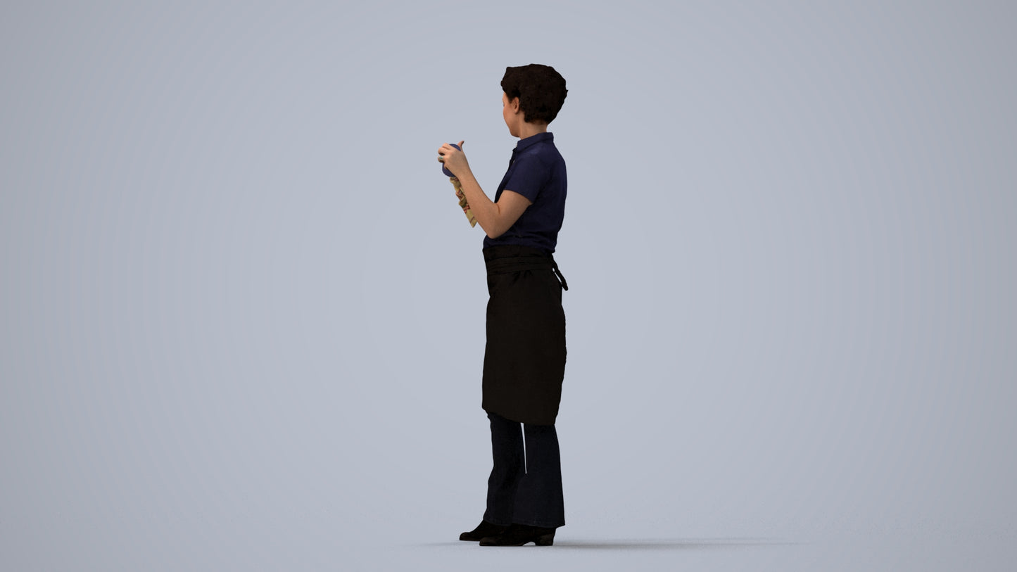 3D scanned woman hospitality, photorealistic archviz people for Enscape and SketchUp, three-quarter view render