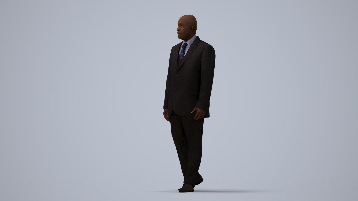 3D scanned man walking business, photorealistic archviz people for Enscape and SketchUp, three-quarter view render
