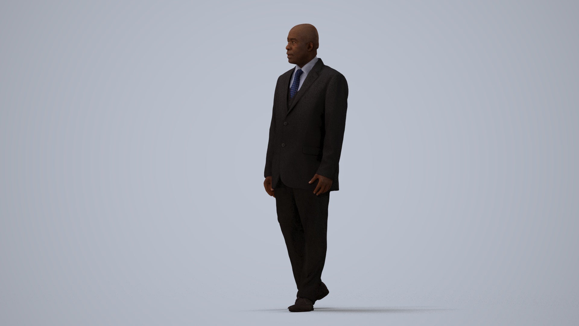 3D scanned man walking business, photorealistic archviz people for Enscape and SketchUp, three-quarter view render