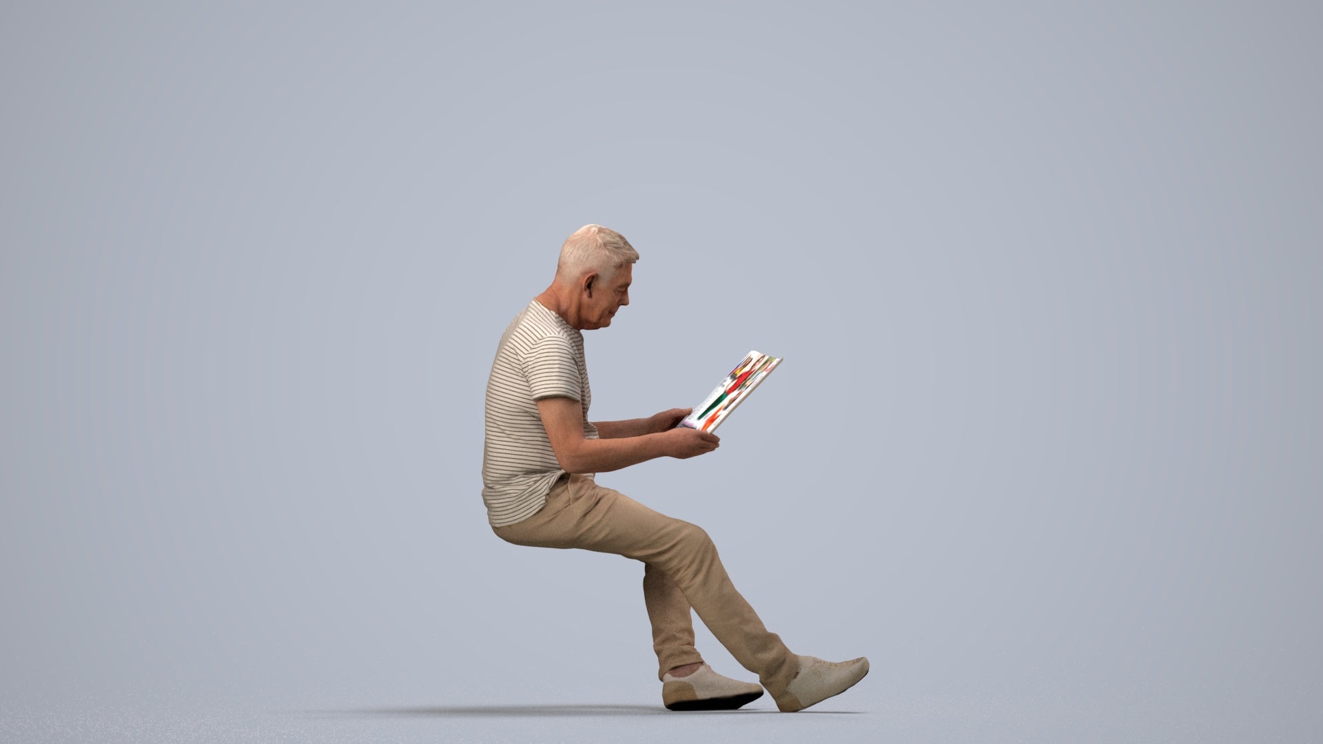 realistic 3D people senior man casual sitting, render-ready for V-Ray and Corona, FBX OBJ, side view render