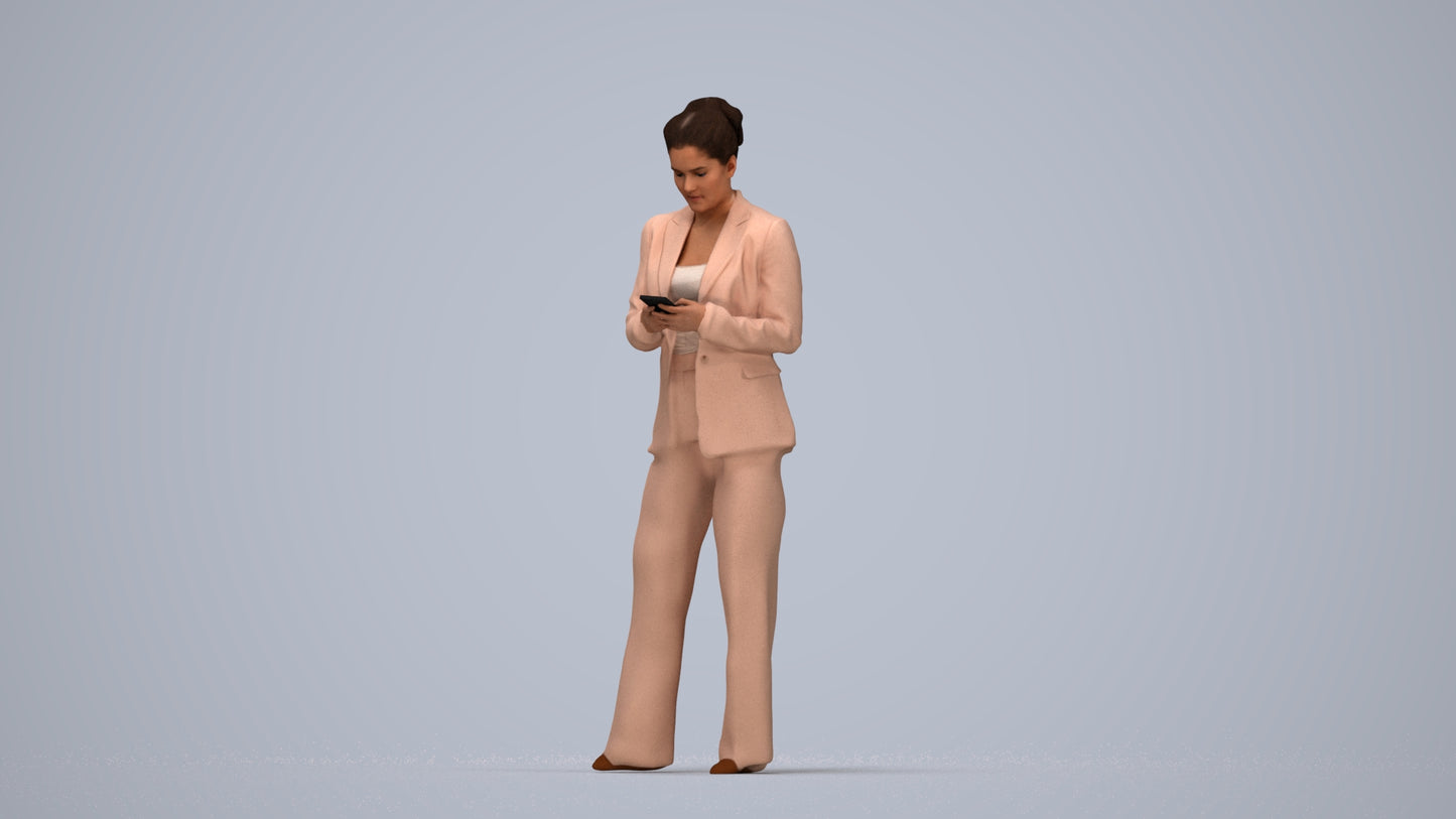 3D human model woman business standing, photogrammetry scanned person for archviz, top-down view render
