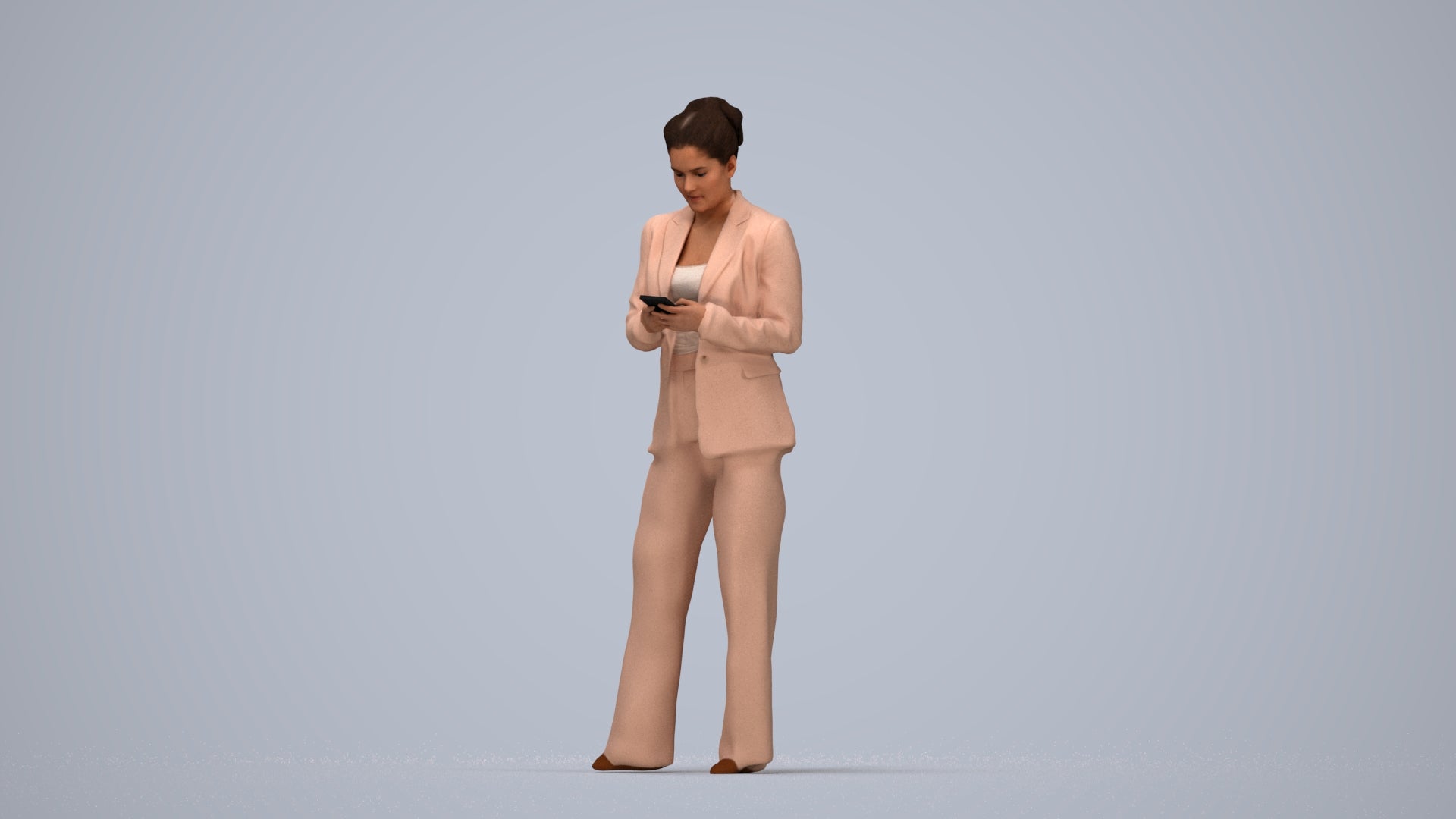 3D human model woman business standing, photogrammetry scanned person for archviz, top-down view render