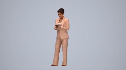 3D human model woman business standing, photogrammetry scanned person for archviz, top-down view render