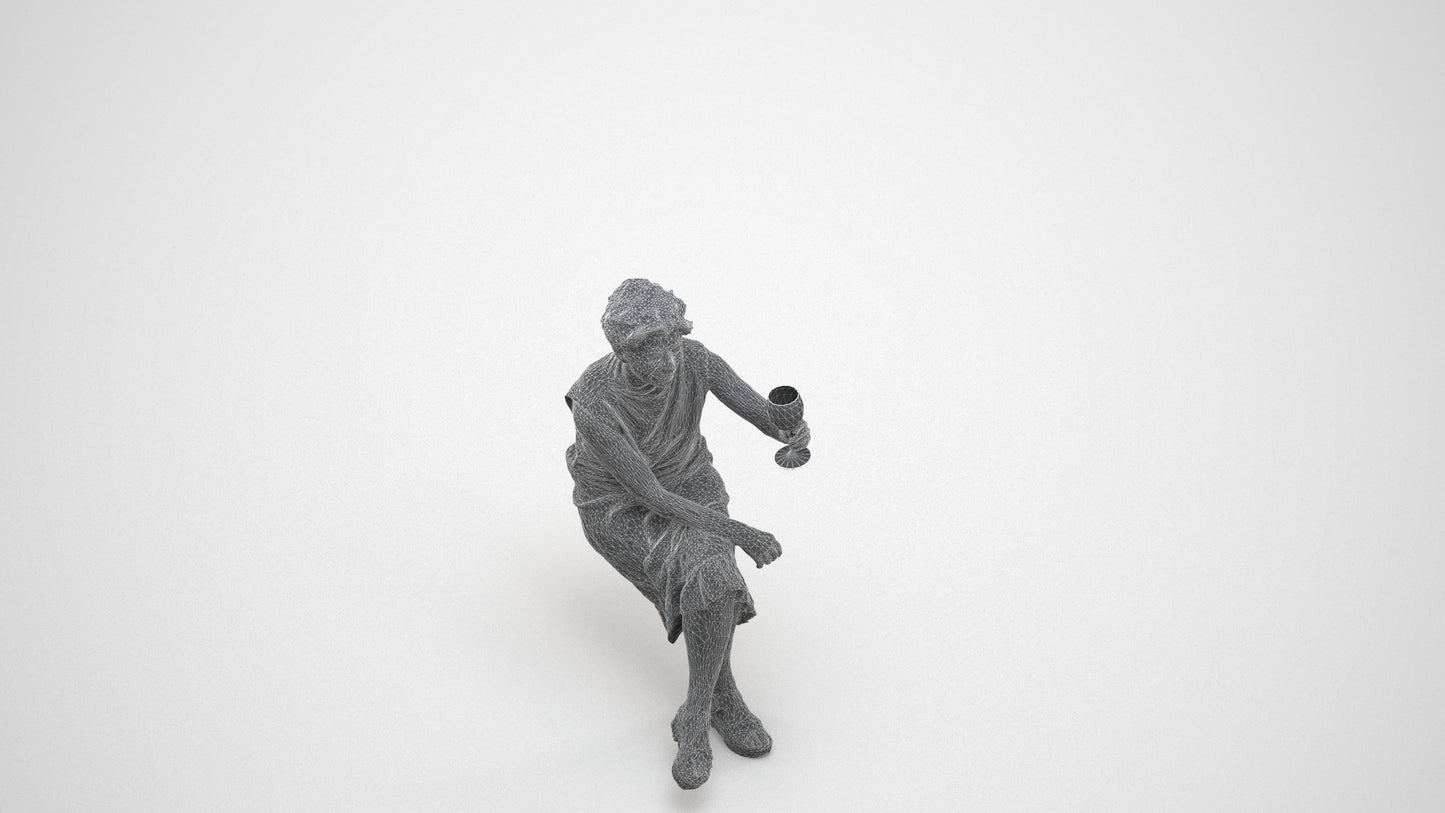 3D scanned woman sitting casual, photorealistic archviz people for Enscape and SketchUp, wireframe three-quarter view