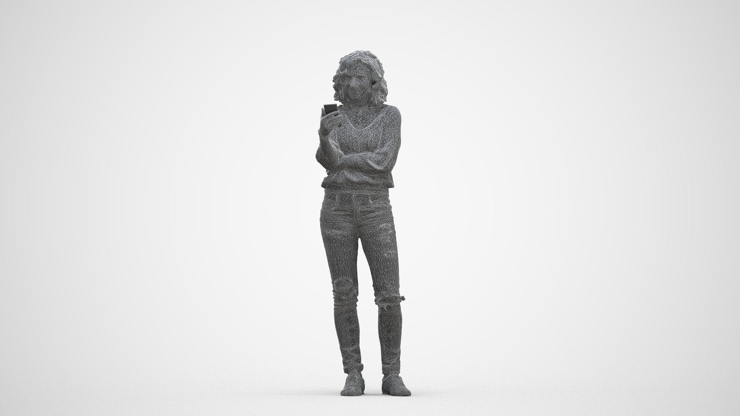 3D human model woman casual standing, photogrammetry scanned person for archviz, three-quarter front view render