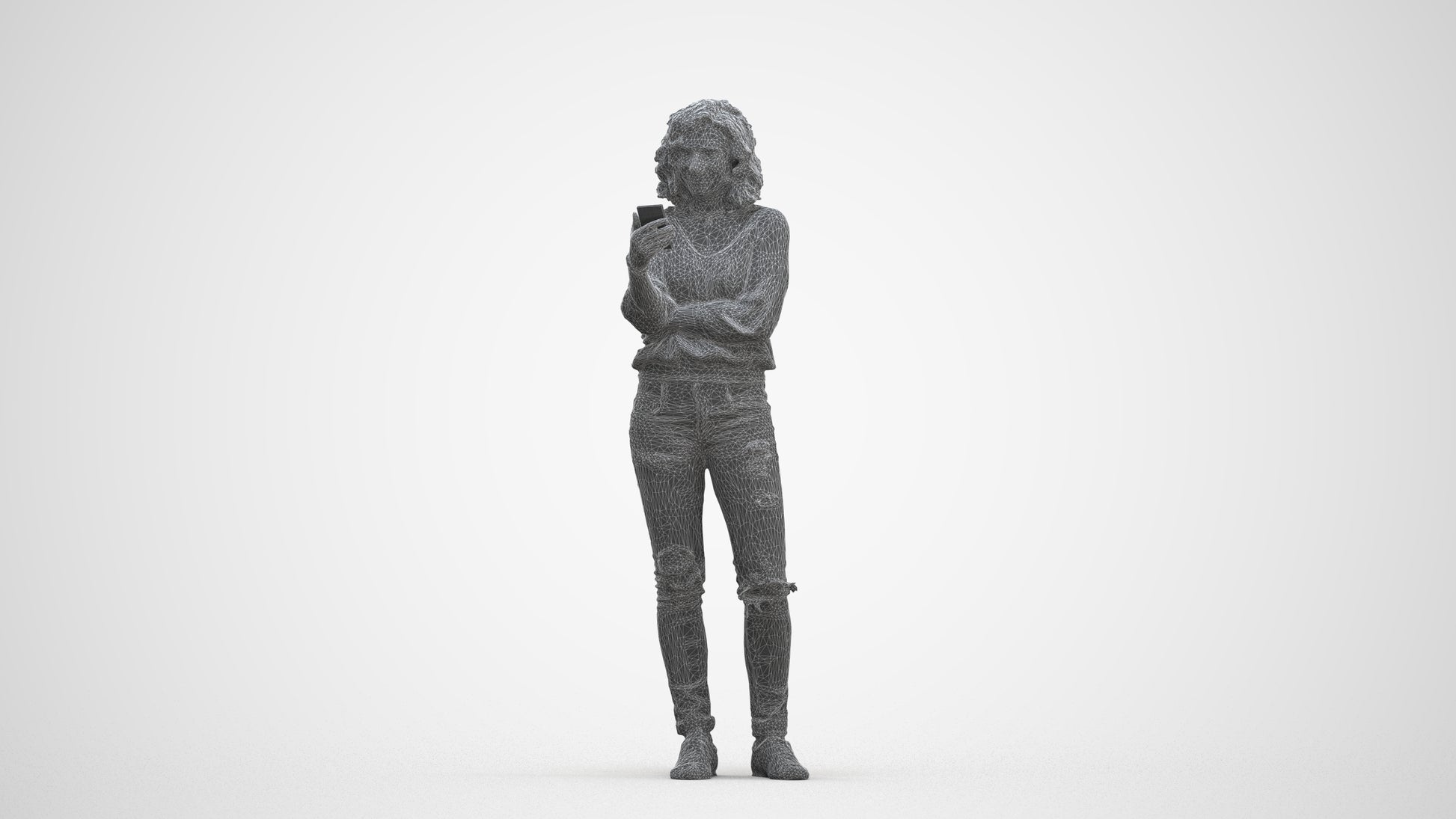 3D human model woman casual standing, photogrammetry scanned person for archviz, three-quarter front view render