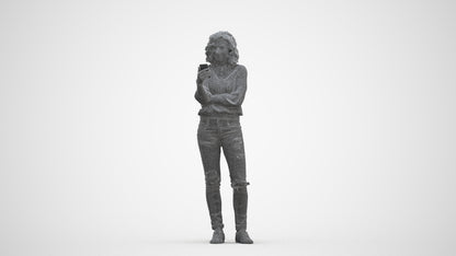 3D human model woman casual standing, photogrammetry scanned person for archviz, three-quarter front view render