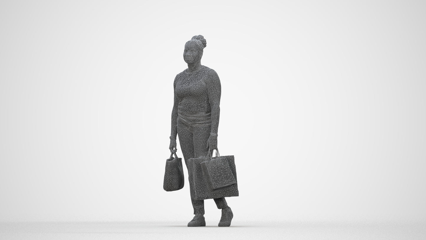 photogrammetry 3D woman casual shopping, realistic human model archviz FBX, wireframe back view