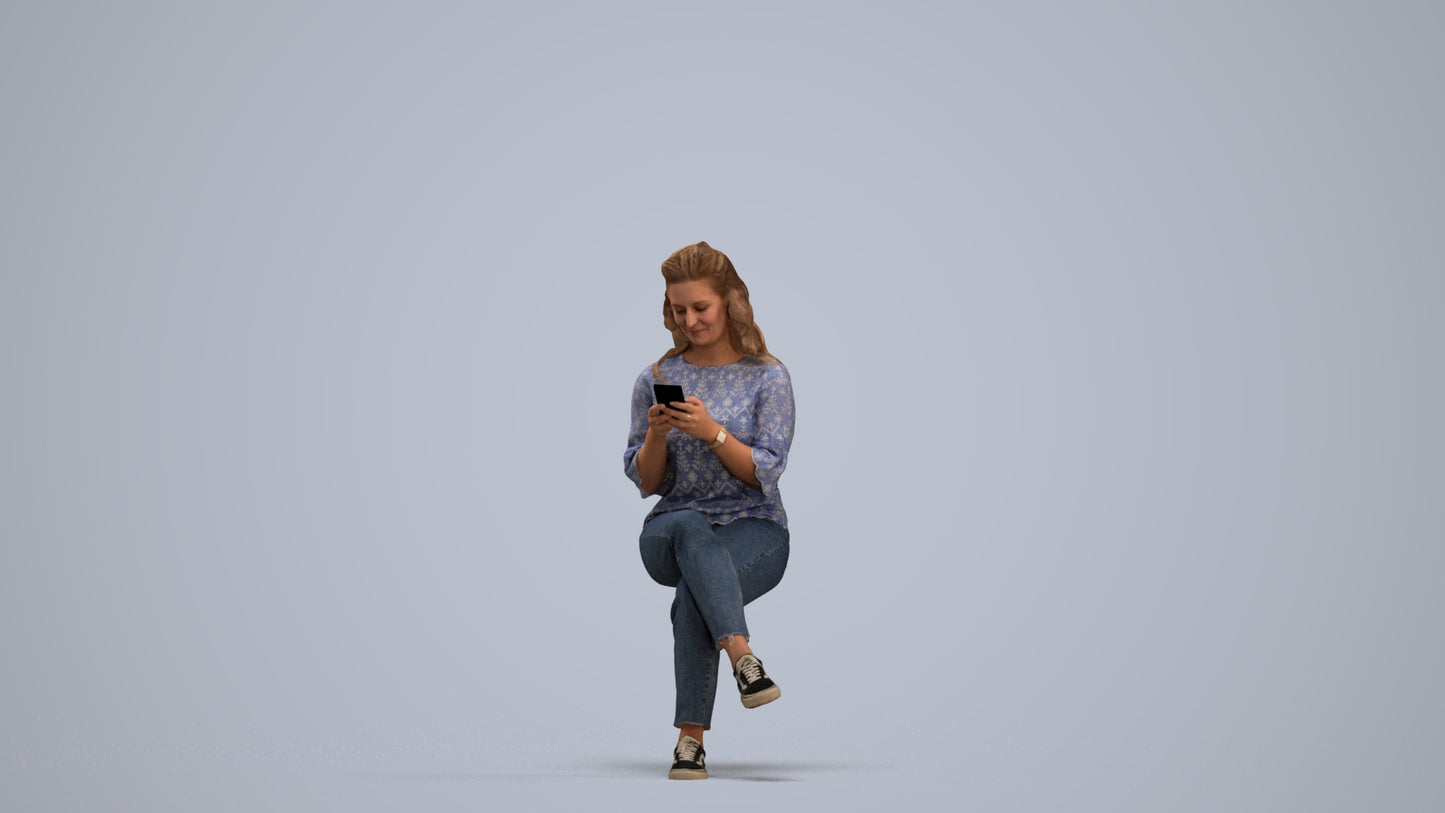 realistic 3D human woman casual sitting, archviz people FBX OBJ for Blender, standing pose render