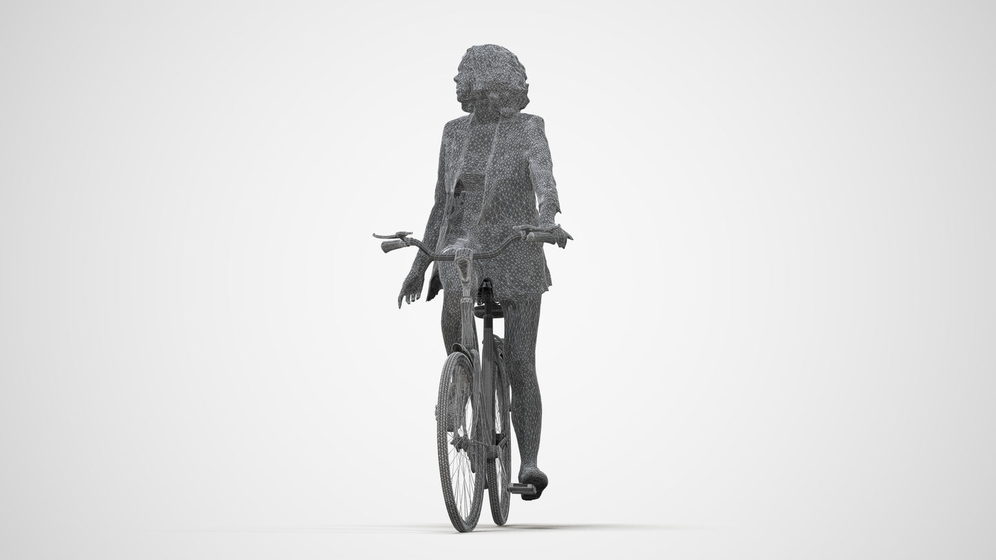 3D scanned woman cycling business, photorealistic archviz people for Enscape and SketchUp, wireframe back view