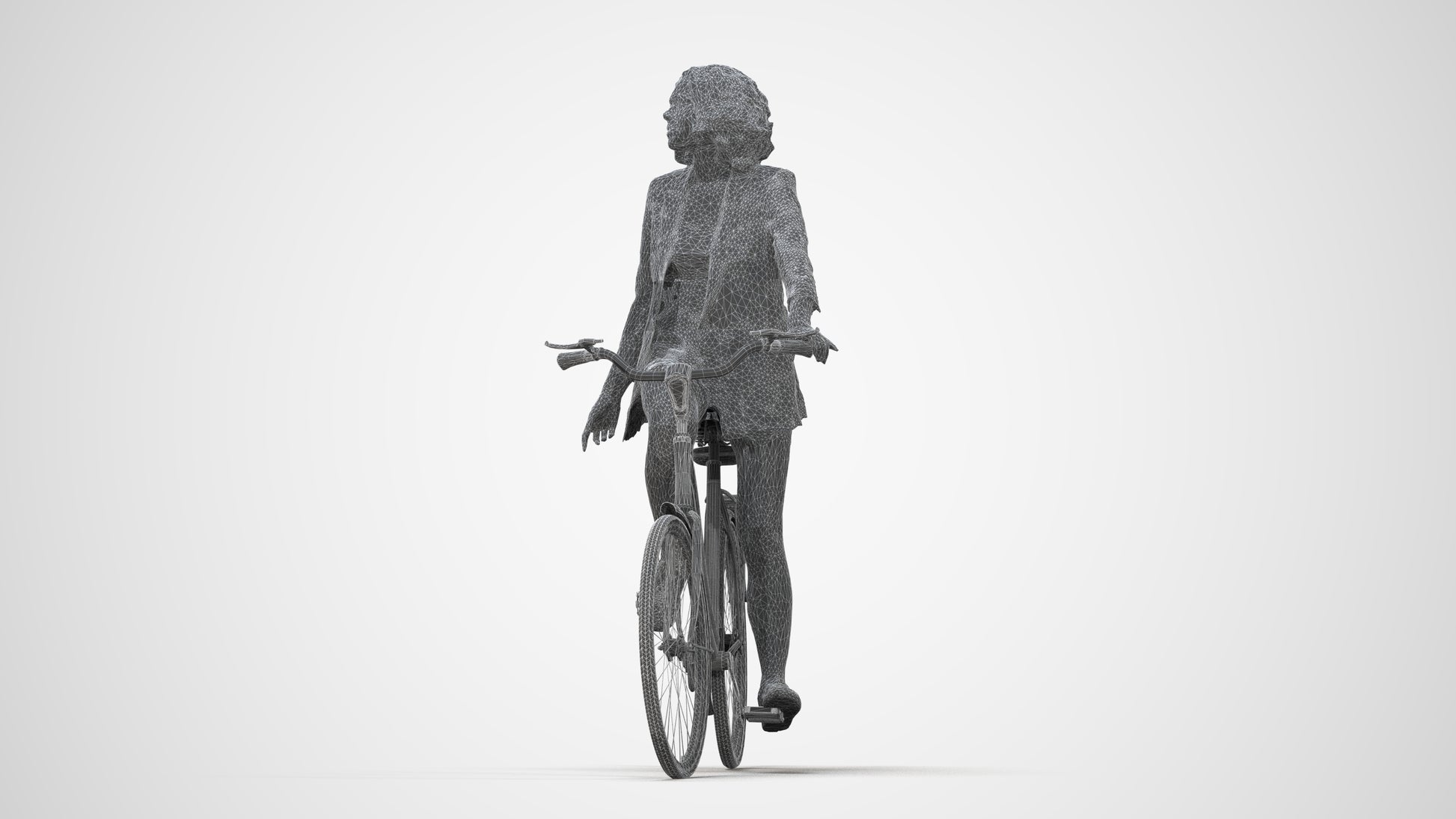 3D scanned woman cycling business, photorealistic archviz people for Enscape and SketchUp, wireframe back view