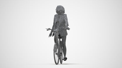 3D scanned woman cycling business, photorealistic archviz people for Enscape and SketchUp, wireframe back view