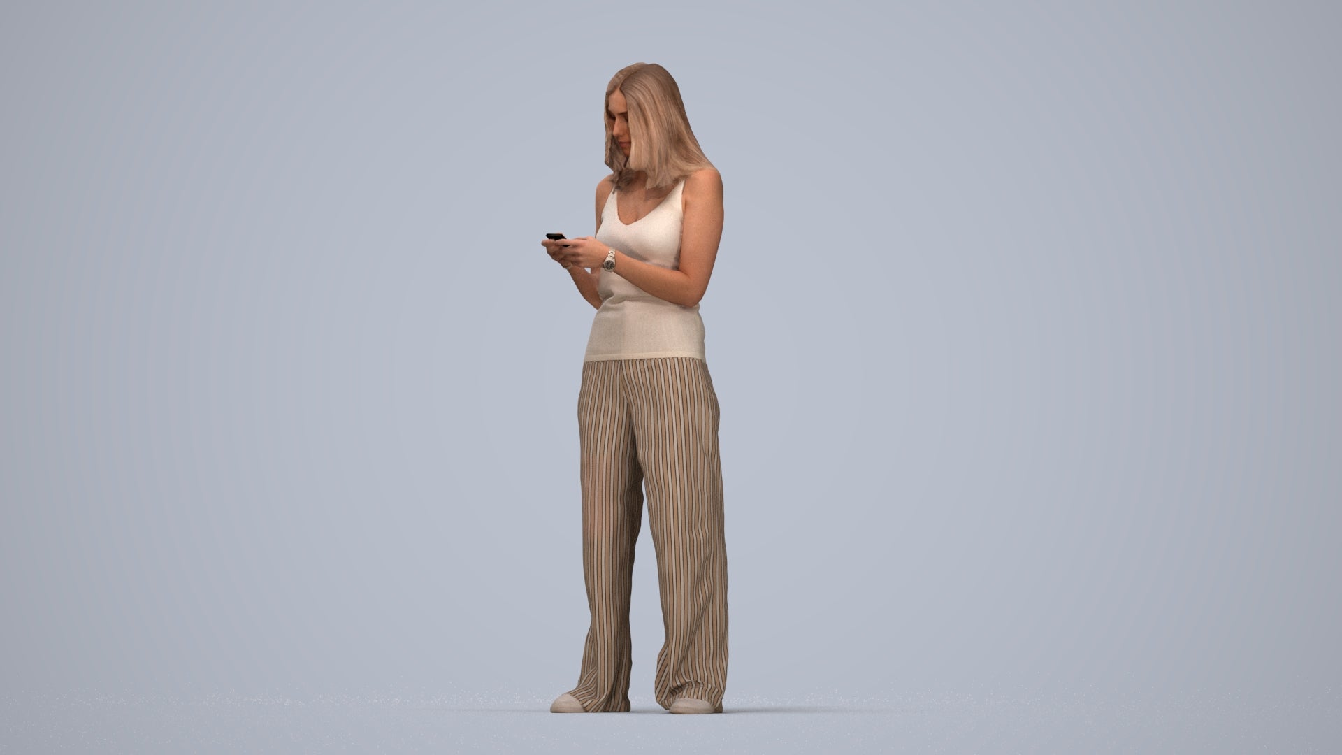 photogrammetry 3D woman casual standing, realistic human model archviz FBX, top-down view render