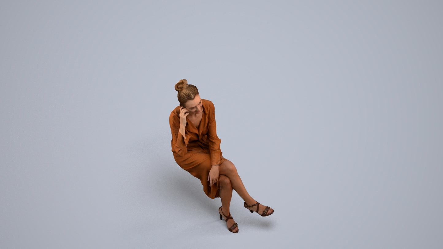 realistic 3D woman casual sitting, scanned archviz people for Blender and 3ds Max, back view render