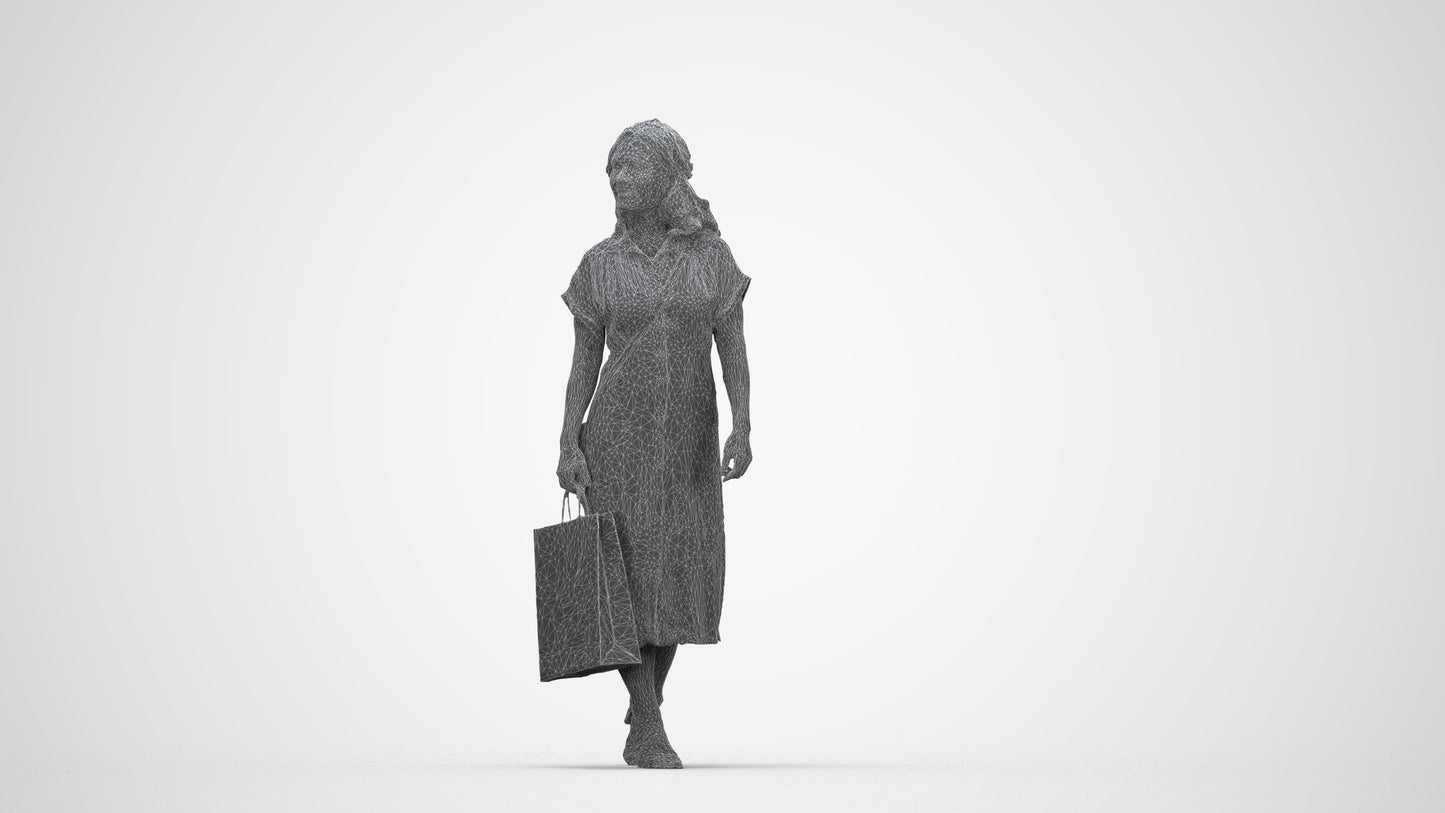 photogrammetry 3D woman casual walking, realistic human model archviz FBX, wireframe back view