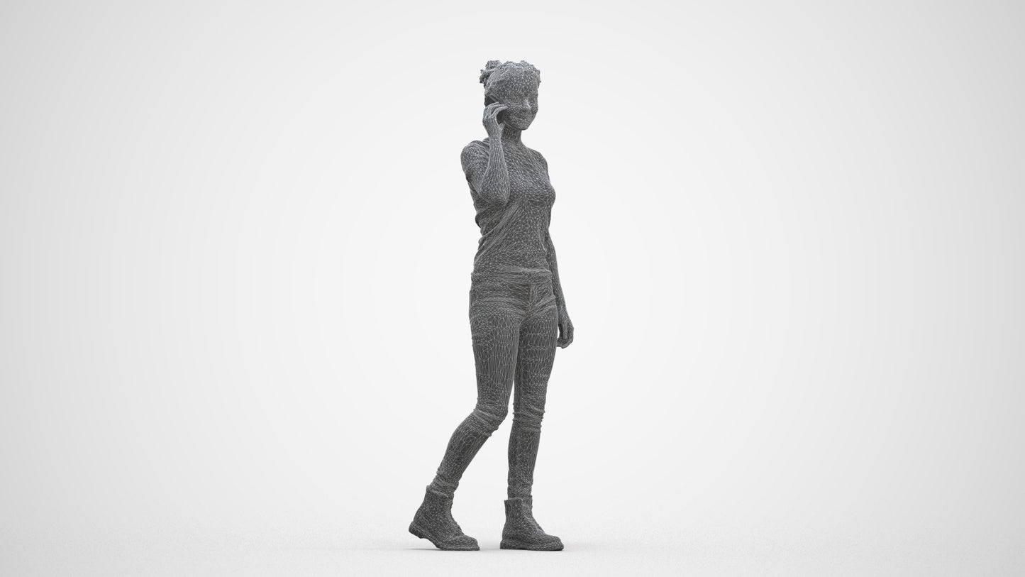 3D human model woman casual walking, photogrammetry scanned person for archviz, three-quarter front view render