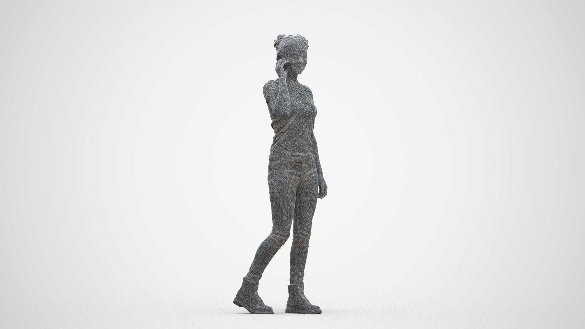 3D human model woman casual walking, photogrammetry scanned person for archviz, three-quarter front view render