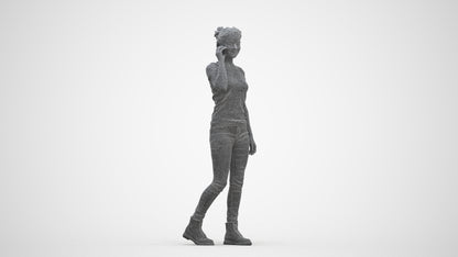 3D human model woman casual walking, photogrammetry scanned person for archviz, three-quarter front view render