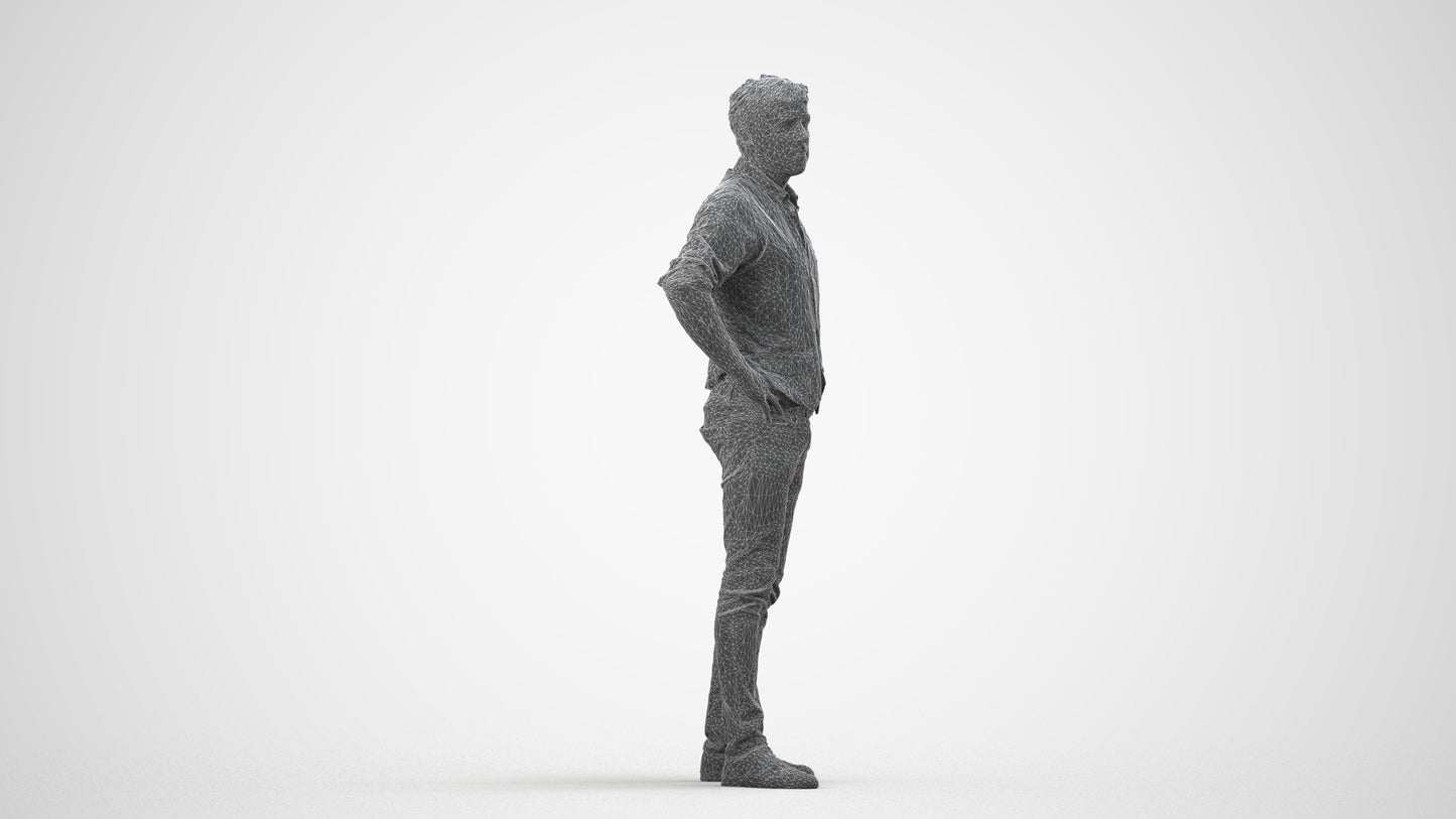 realistic 3D man casual standing, scanned archviz people for Blender and 3ds Max, wireframe side view