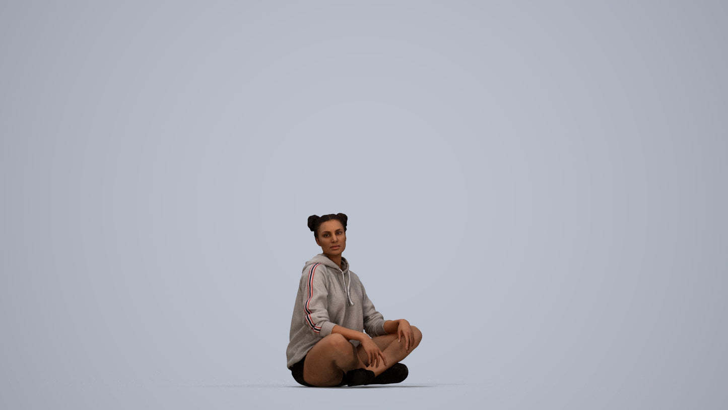 photogrammetry 3D woman casual sitting, realistic human model archviz FBX, top-down view render