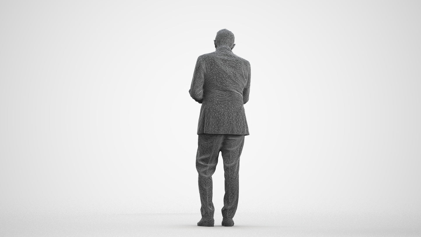 3D scanned senior man business, photorealistic archviz people for Enscape and SketchUp, wireframe front view