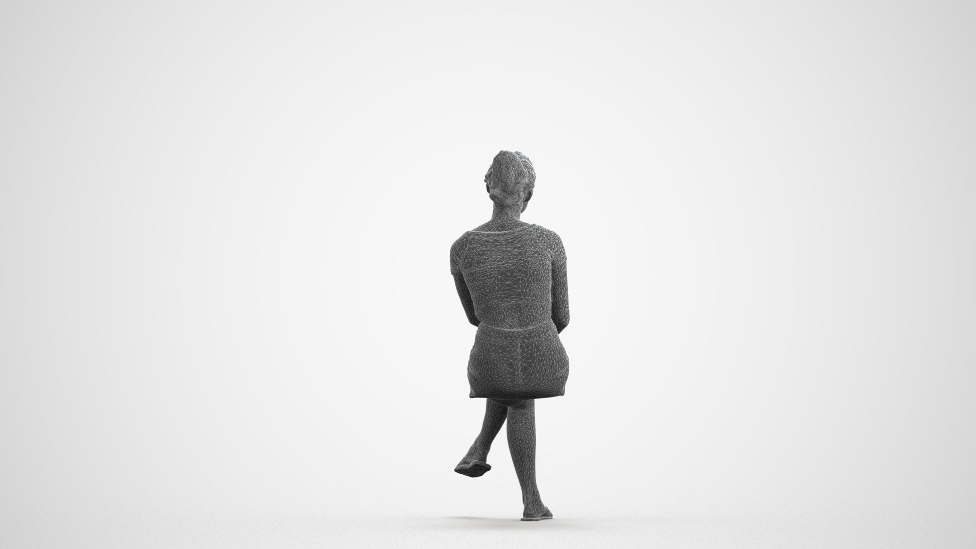 3D scanned woman sitting casual, photorealistic archviz people for Enscape and SketchUp, wireframe front view