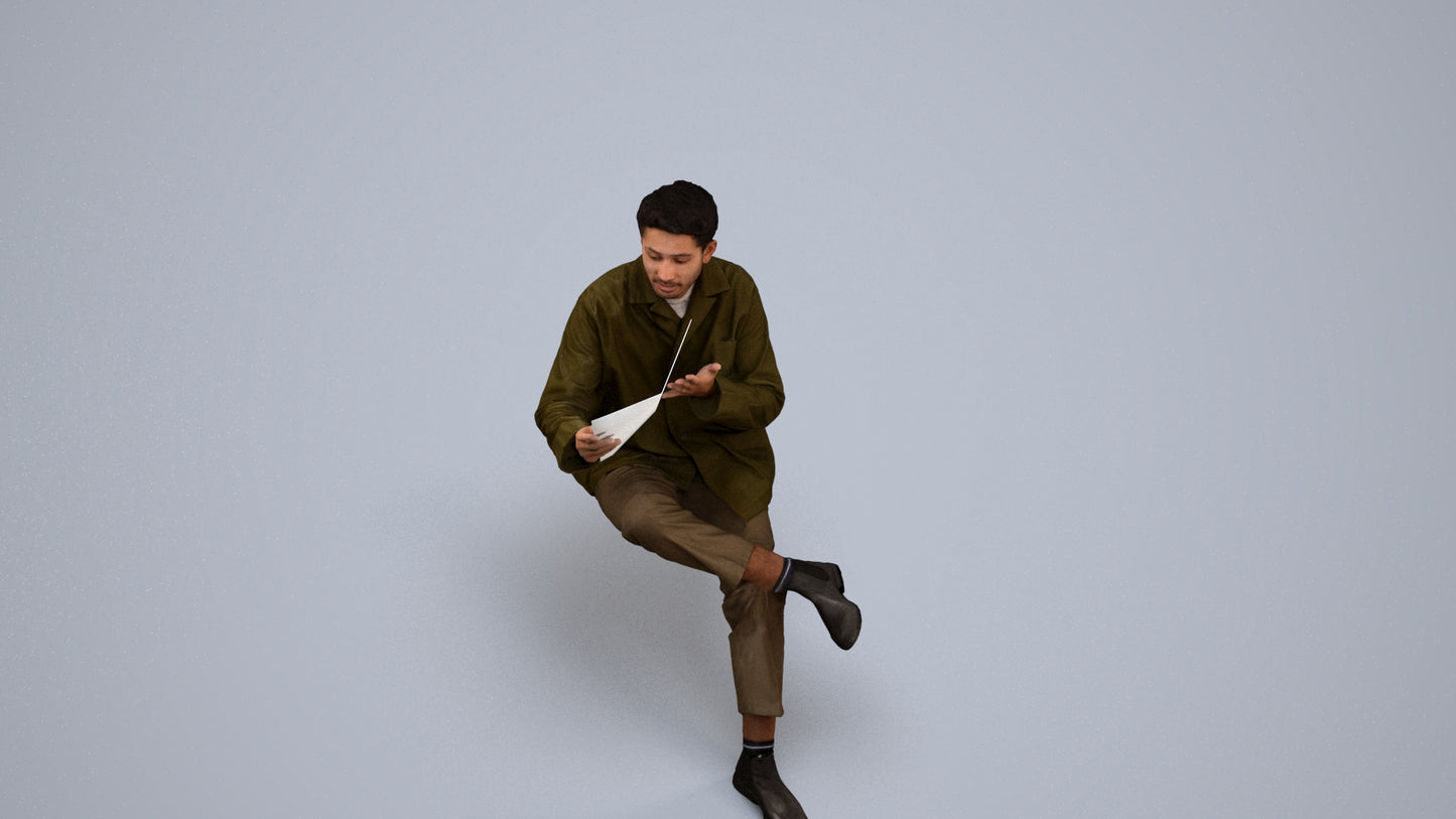 photogrammetry 3D man casual sitting, realistic human model archviz FBX, back view render