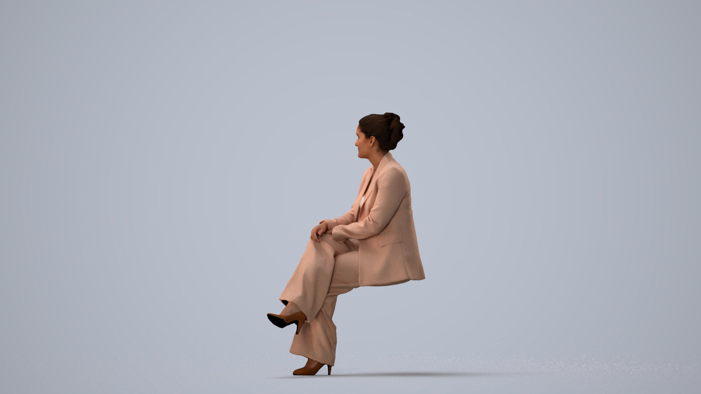 3D human model woman business sitting, photogrammetry scanned person for archviz, three-quarter view render