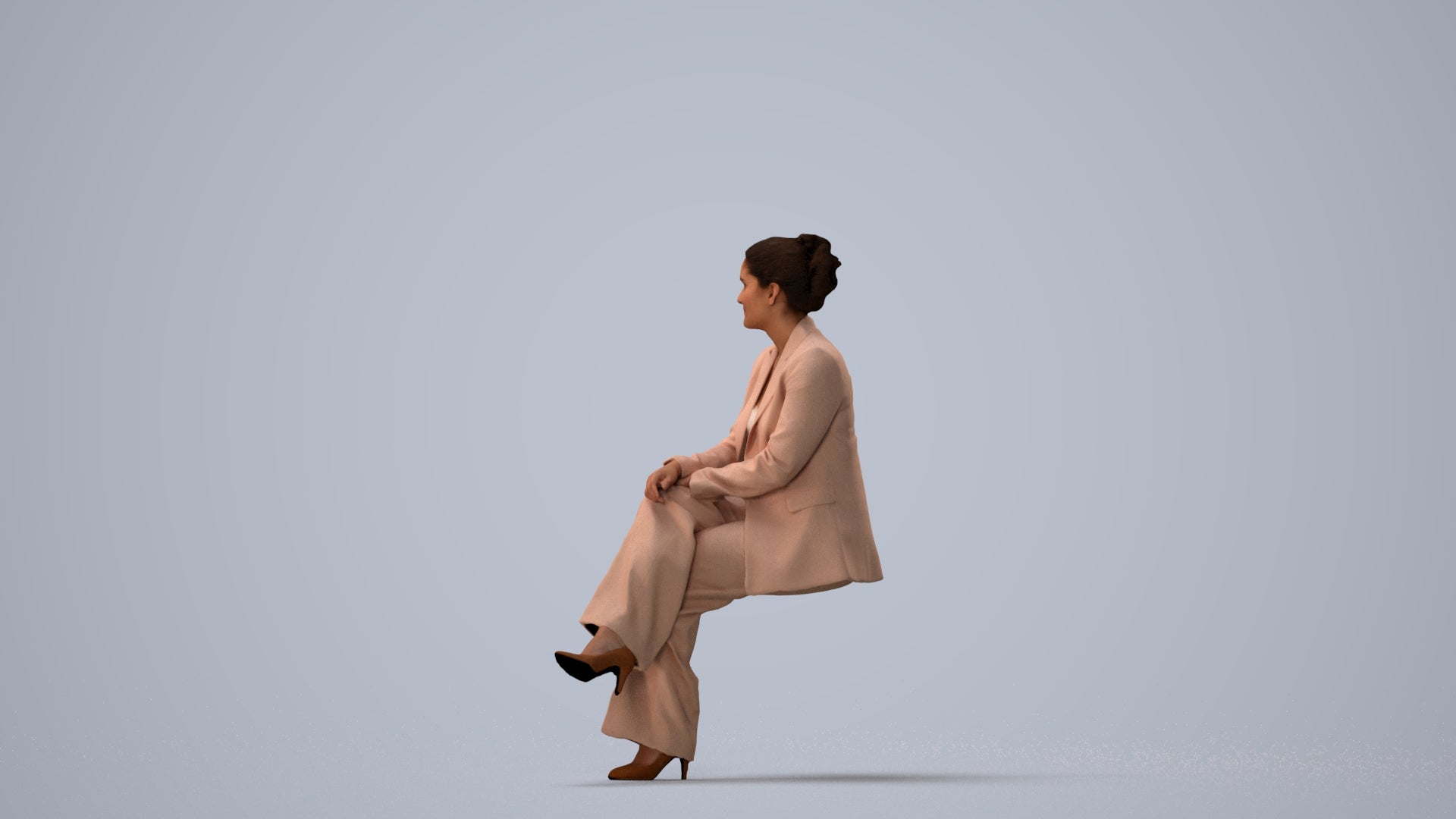 3D human model woman business sitting, photogrammetry scanned person for archviz, three-quarter view render