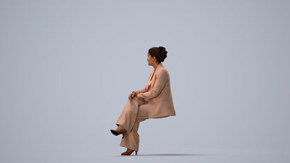 3D human model woman business sitting, photogrammetry scanned person for archviz, three-quarter view render
