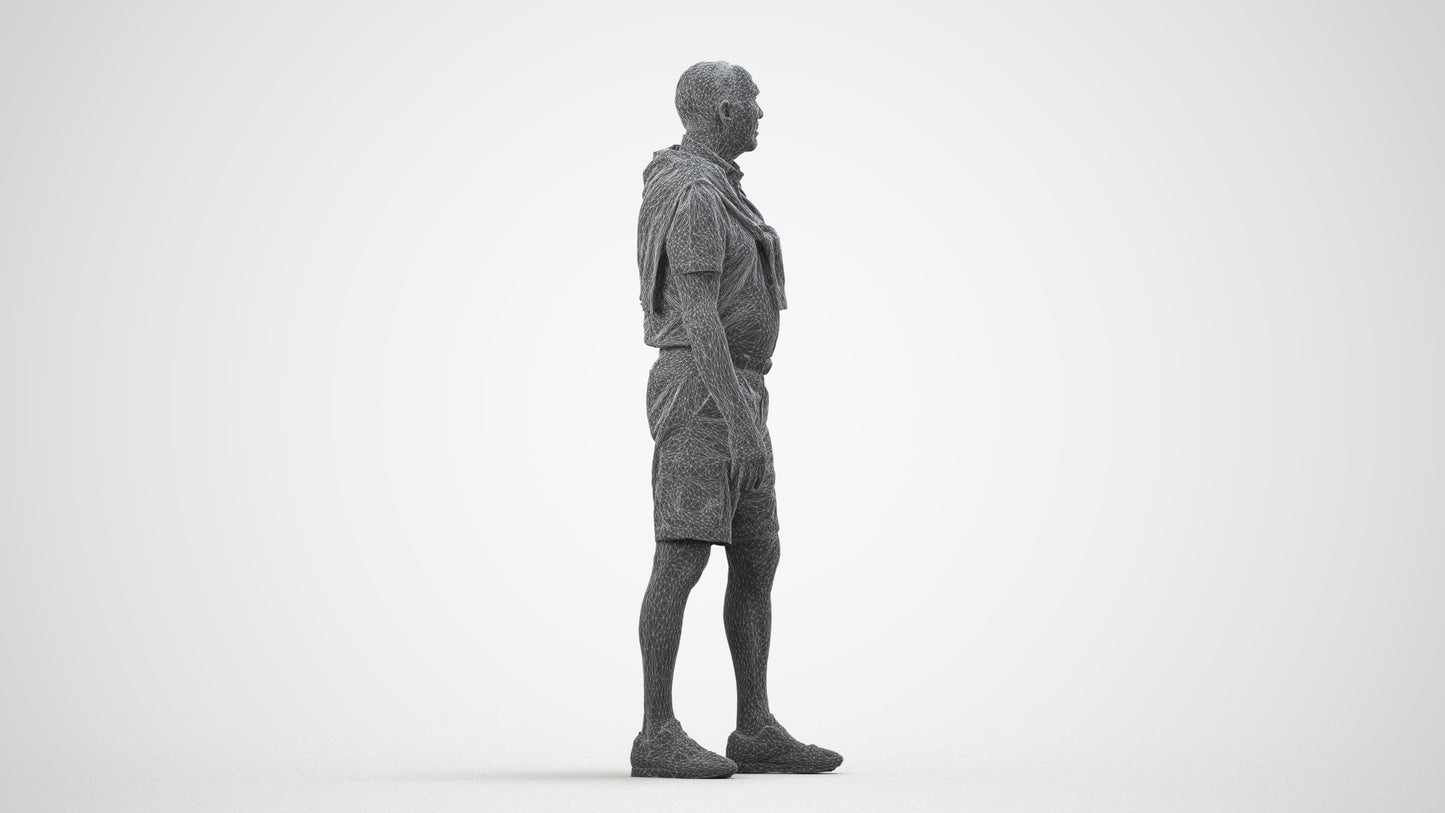 3D scanned senior man standing casual, photorealistic archviz people for Enscape and SketchUp, wireframe side view