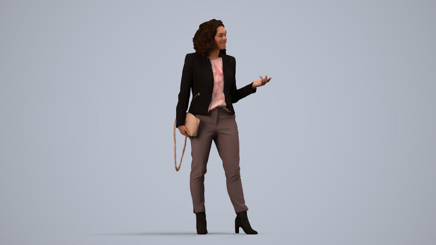 realistic 3D human woman business standing, archviz people FBX OBJ for Blender, side view render