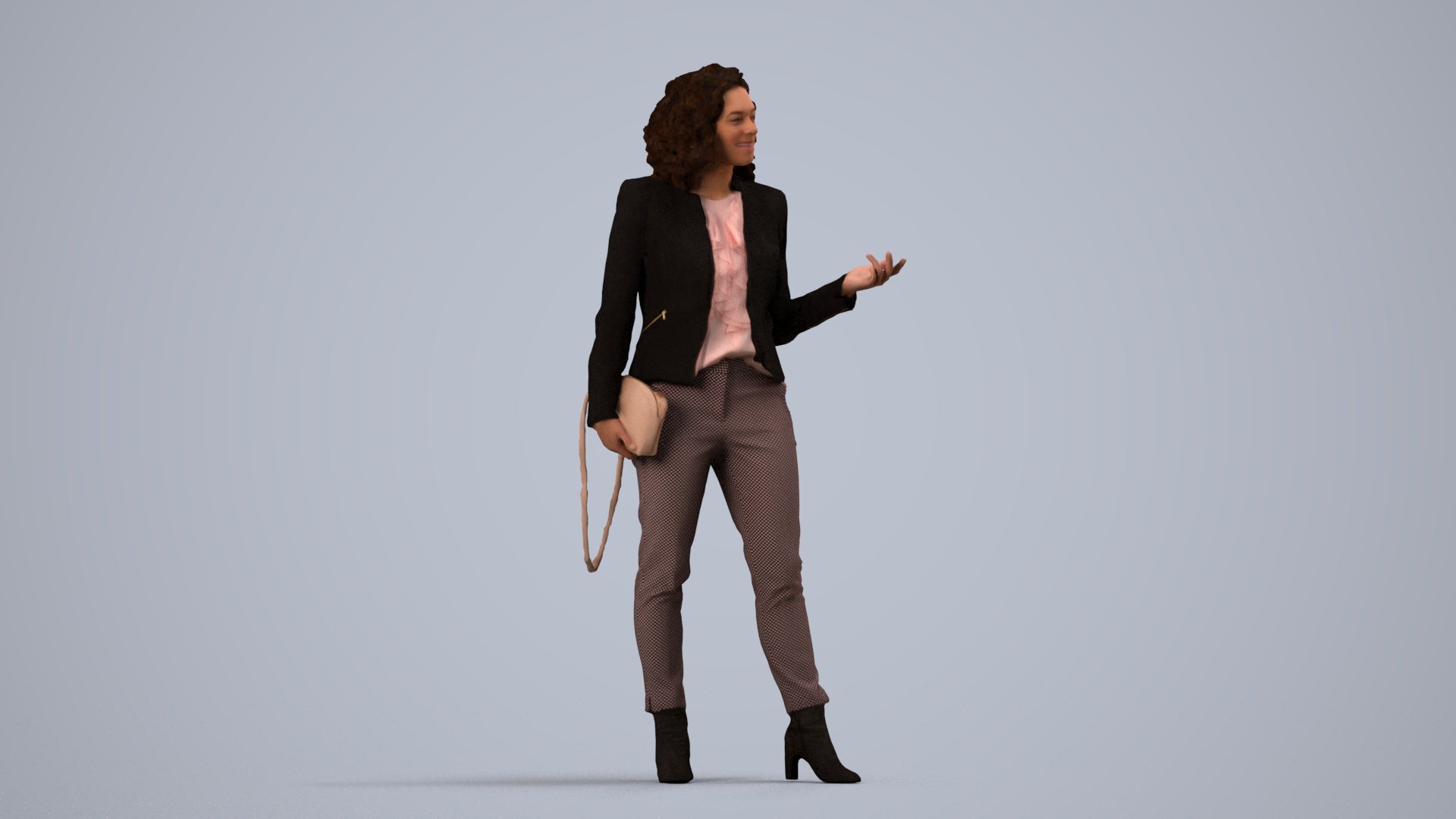 realistic 3D human woman business standing, archviz people FBX OBJ for Blender, side view render