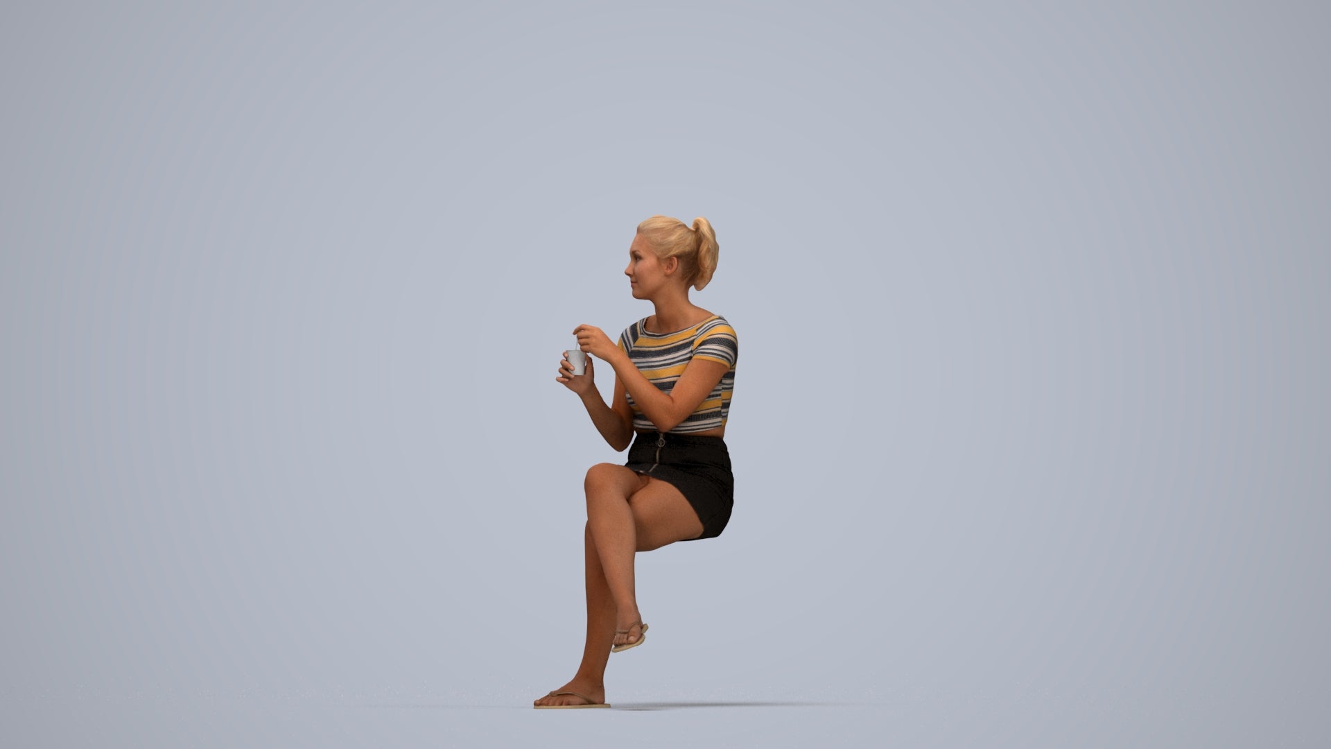 realistic 3D woman casual sitting, scanned archviz people for Blender and 3ds Max, top-down view render
