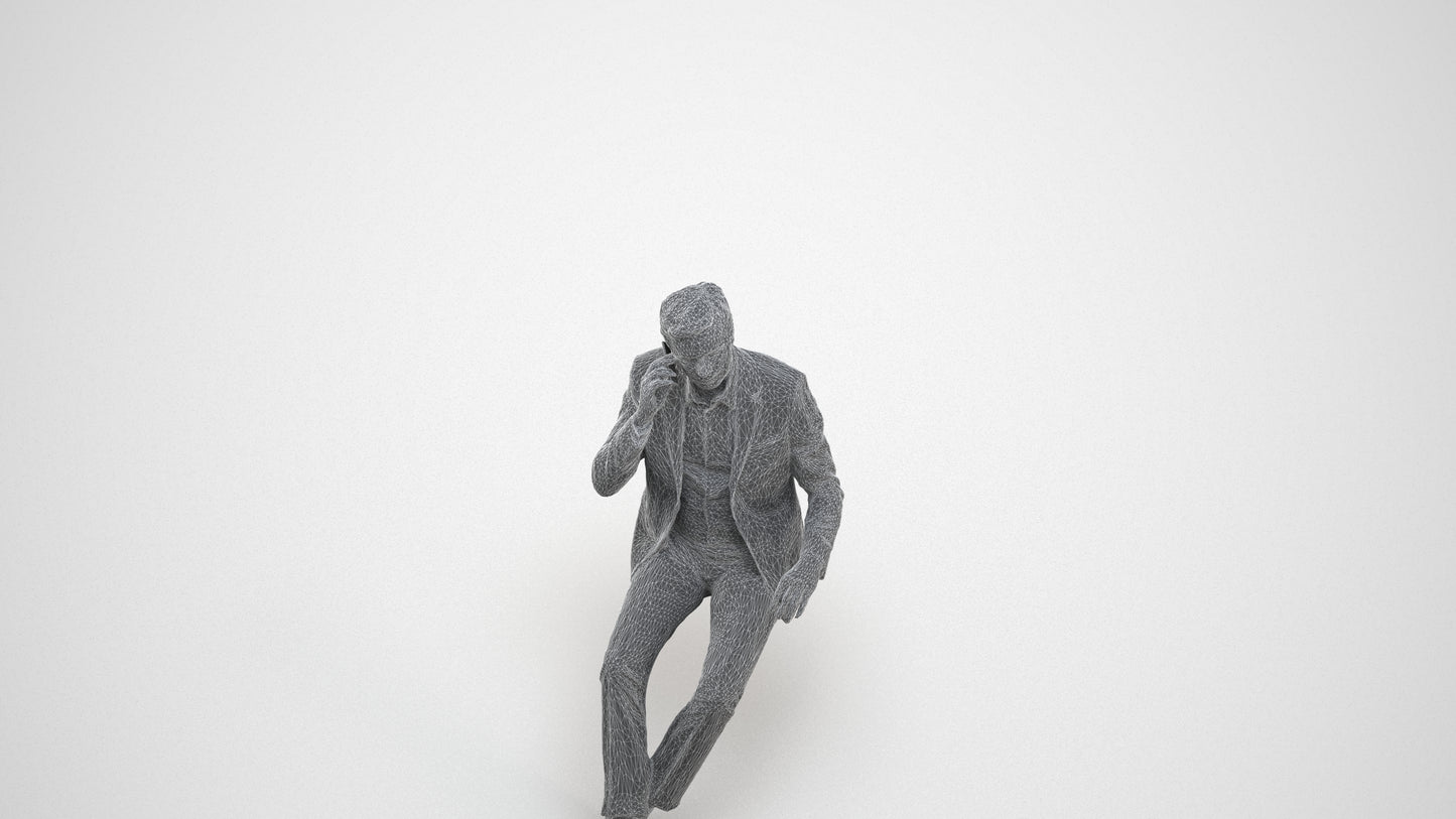 3D human model man business sitting, photogrammetry scanned person for archviz, wireframe three-quarter view