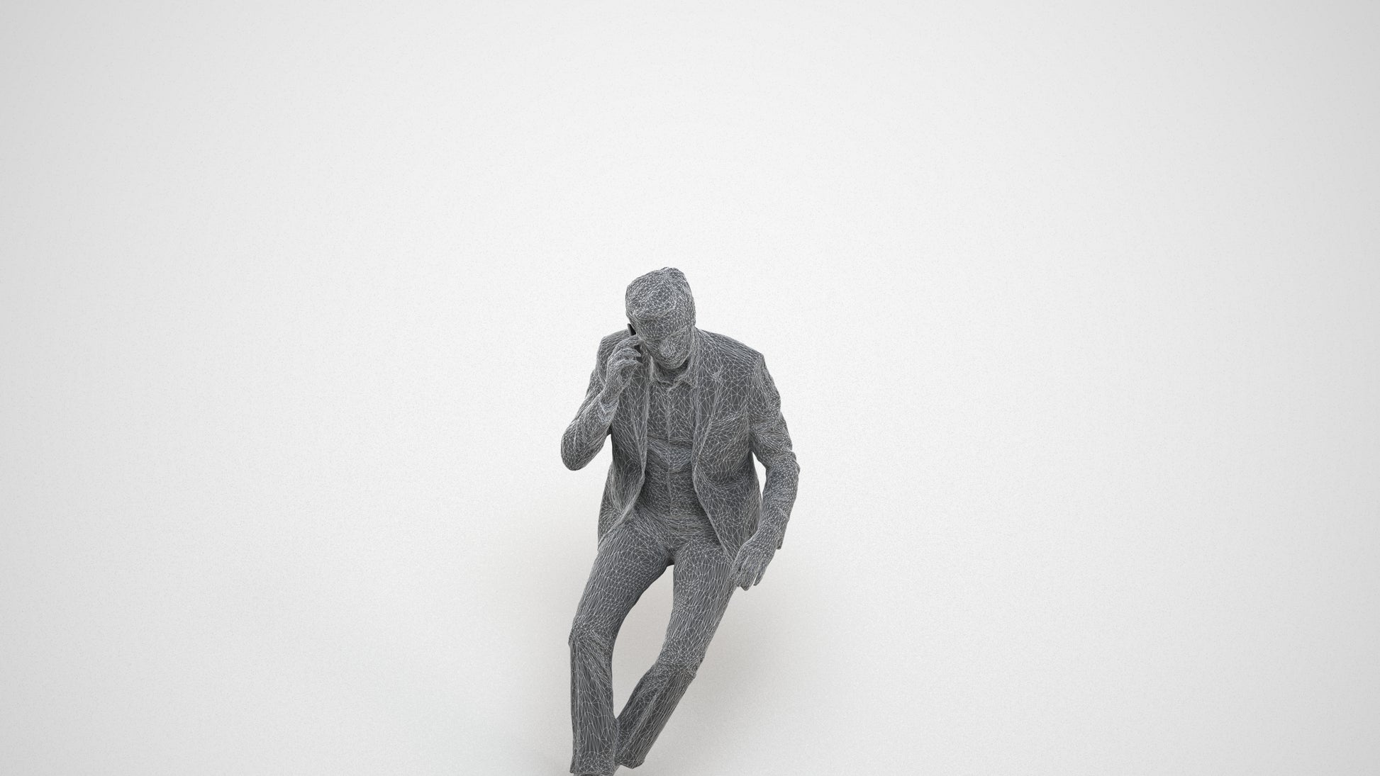 3D human model man business sitting, photogrammetry scanned person for archviz, wireframe three-quarter view