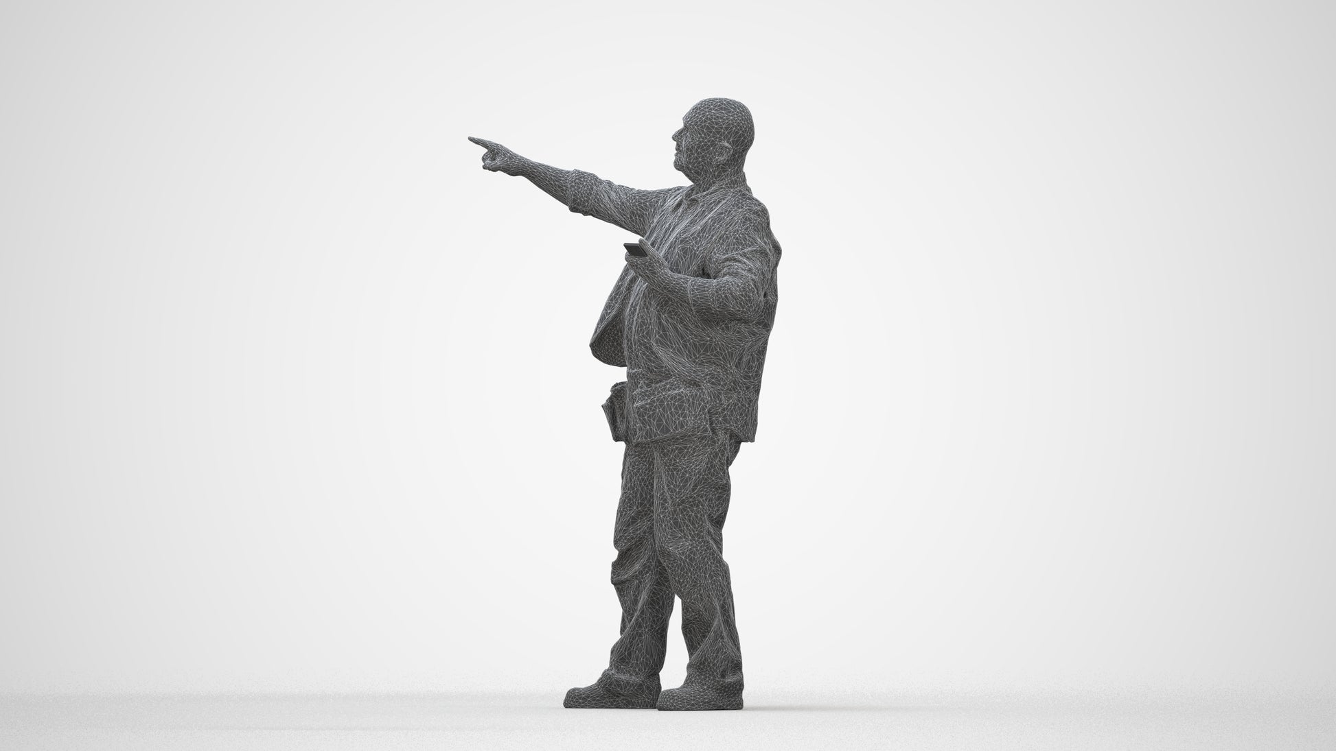 realistic 3D senior man standing, scanned archviz people for Blender and 3ds Max, wireframe back view