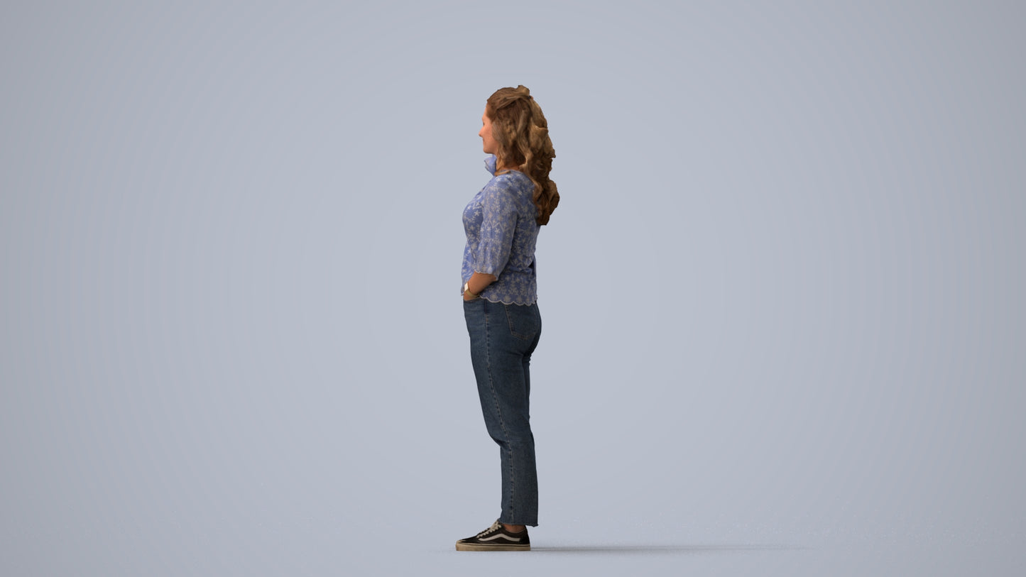 photogrammetry 3D woman casual standing, realistic human model archviz FBX, three-quarter view render